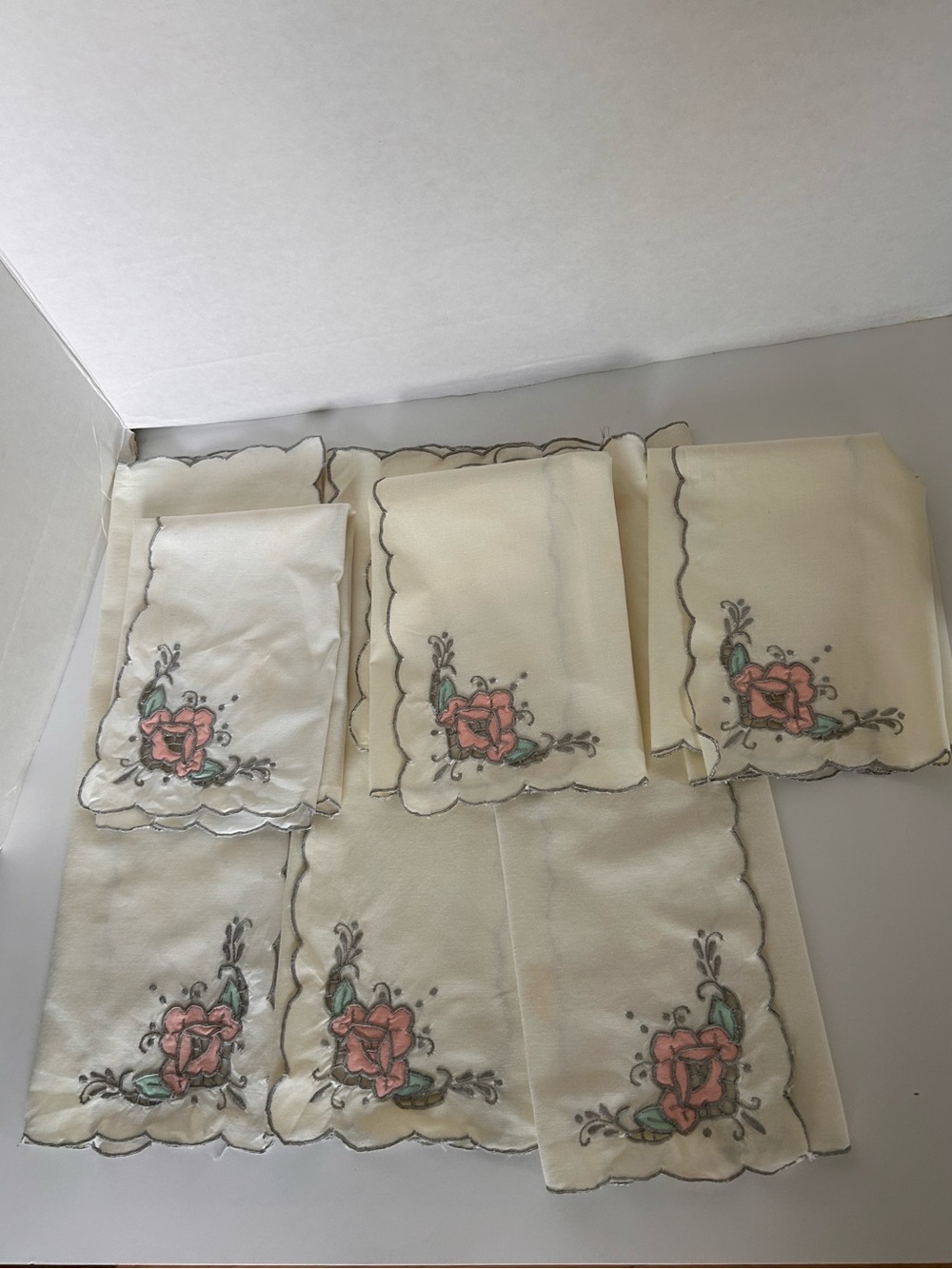 Embroidered Floral Linen Napkins - Cream with Pink Rose Set of 6